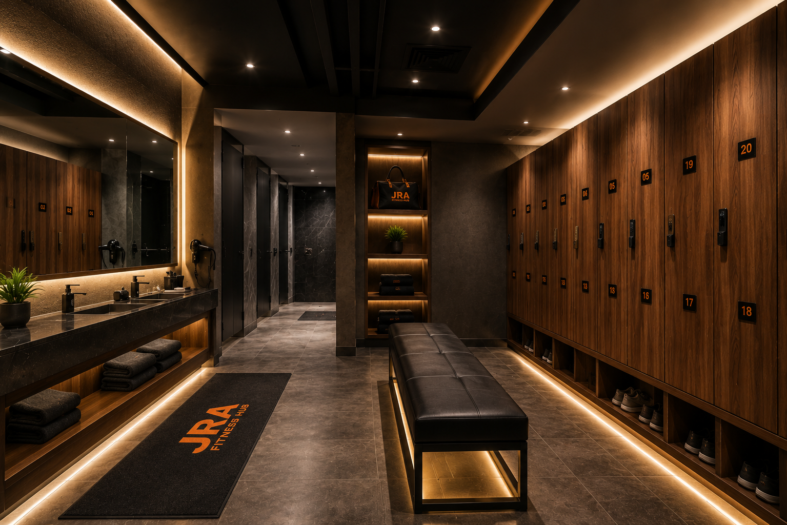 Premium locker room with wooden lockers and changing area