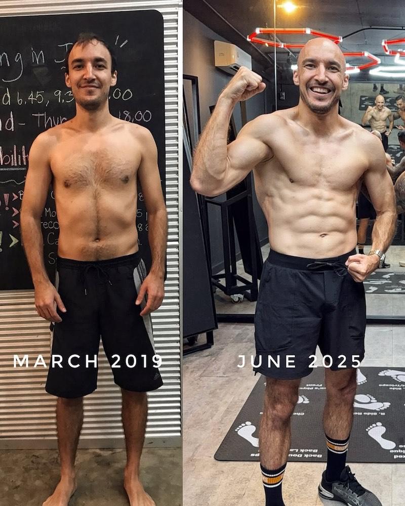 Karthik Iyer before and after body transformation at JRA Fitness Hub